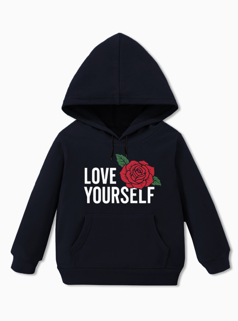 Motivational Boys Hoodie – Love Yourself with a Rose Graphic