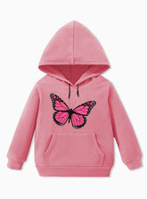 Pink Butterfly Printed Winter Fleece Hoodie For Girls