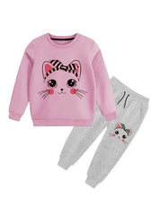 Pink & Grey Cute Cat Fleece Tracksuit
