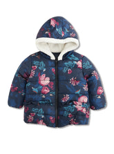 Girls Floral Puffer Jacket - Navy Blue