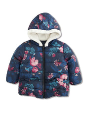 Girls Floral Puffer Jacket - Navy Blue