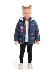 Girls Floral Puffer Jacket - Navy Blue