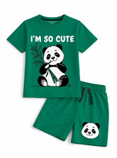 Cheerful Panda Green Cotton Shorts Set