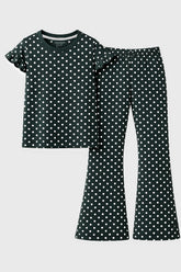 Girls Dark Green Polka Dot Flare Co ord Set