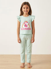 Girls Mint Rainbow Unicorn Frill Sleeve Co ord Set