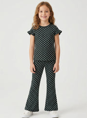 Girls Dark Green Polka Dot Flare Co ord Set
