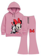 Girls Pink Bow Hoodie & Flared Trouser Set