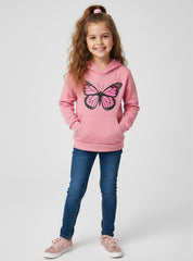 Pink Butterfly Printed Winter Fleece Hoodie For Girls