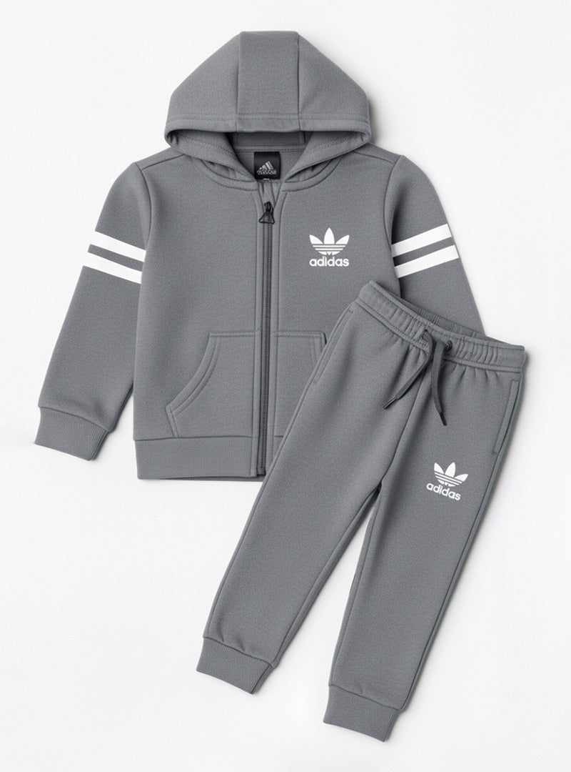 Boys Grey Zip-Up Hoodie and Trouser Set with Adidas Style