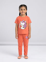 Girls Cute Kitty Floral Trouser Set