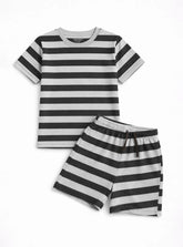 Boys Summer Striped T Shirt Shorts Set Grey Black