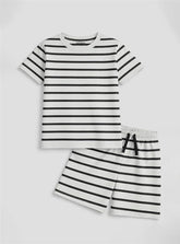 Boys Summer Striped T Shirt Shorts Set Off White Black