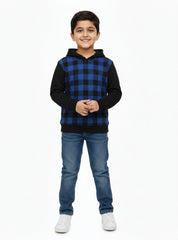 Trendy Blue & Black Checkered Fleece Hoodie for Boys