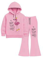 Make Today Happy Flamingo Hoodie and Flare Trouser Set For Girls