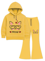 Meow Cat Winter Hoodie and Flare Trouser Set For Girls