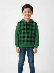 Boys Trendy Green and Black Checkered Fleece Hoodie