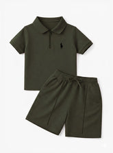 Boys Olive Zipper Polo Short Set