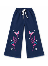 Girls Wide- Leg Jeans Pink Flutter Embroidered