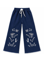 Girls Wide-Leg Jeans Navy Bloom Embroidere