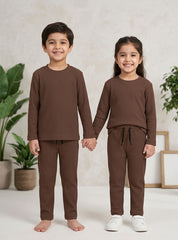 Kids Chocolate Brown Ribbed Lounge Set