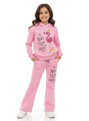 Make Today Happy Flamingo Hoodie and Flare Trouser Set For Girls