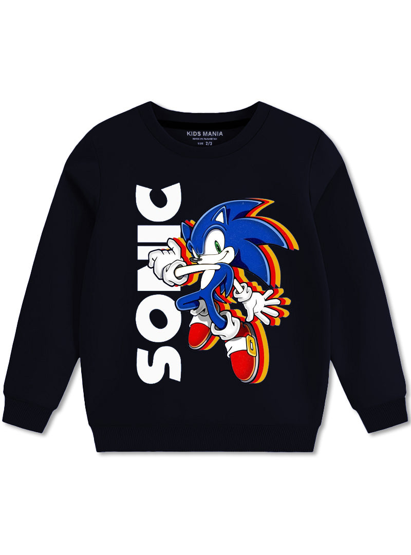 Black Round Neck Sonic Cartoon Printed Sweatshirts For Boys