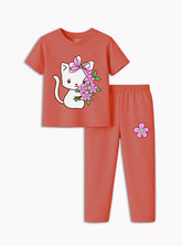 Girls Cute Kitty Floral Trouser Set