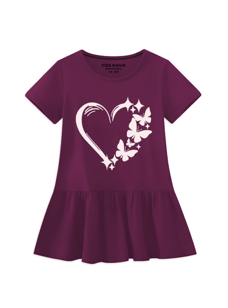Butterfly Heart Printed Cotton Frock For Girls