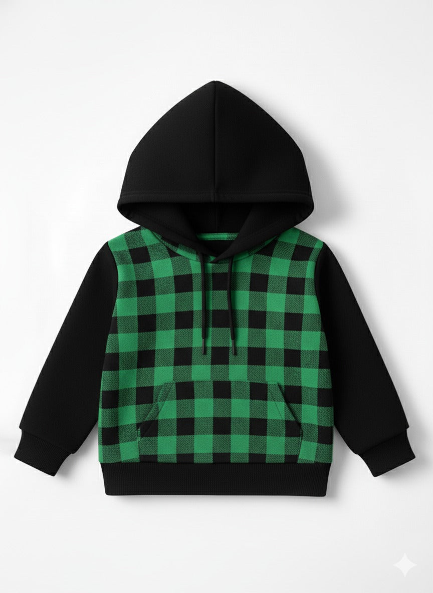 Stylish Green & Black Checkered Fleece Hoodie for Boys