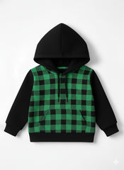 Stylish Green & Black Checkered Fleece Hoodie for Boys
