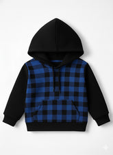 Trendy Blue & Black Checkered Fleece Hoodie for Boys