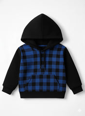 Trendy Blue & Black Checkered Fleece Hoodie for Boys