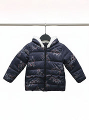 Girl Winter Puffer Jacket with Hood – Soft Fleece Lining & Floral Print