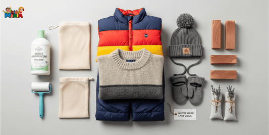 A collection of winter clothing items, including a sweater, gloves, and socks, arranged neatly on a surface.