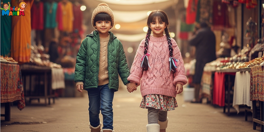 Two kids walk together down a street, clasping hands and looking happy as they explore their surroundings.