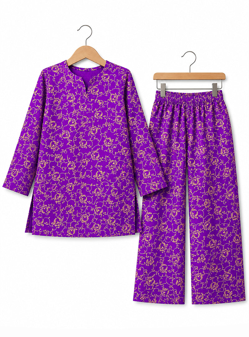 Girls Purple Printed Kurti Set