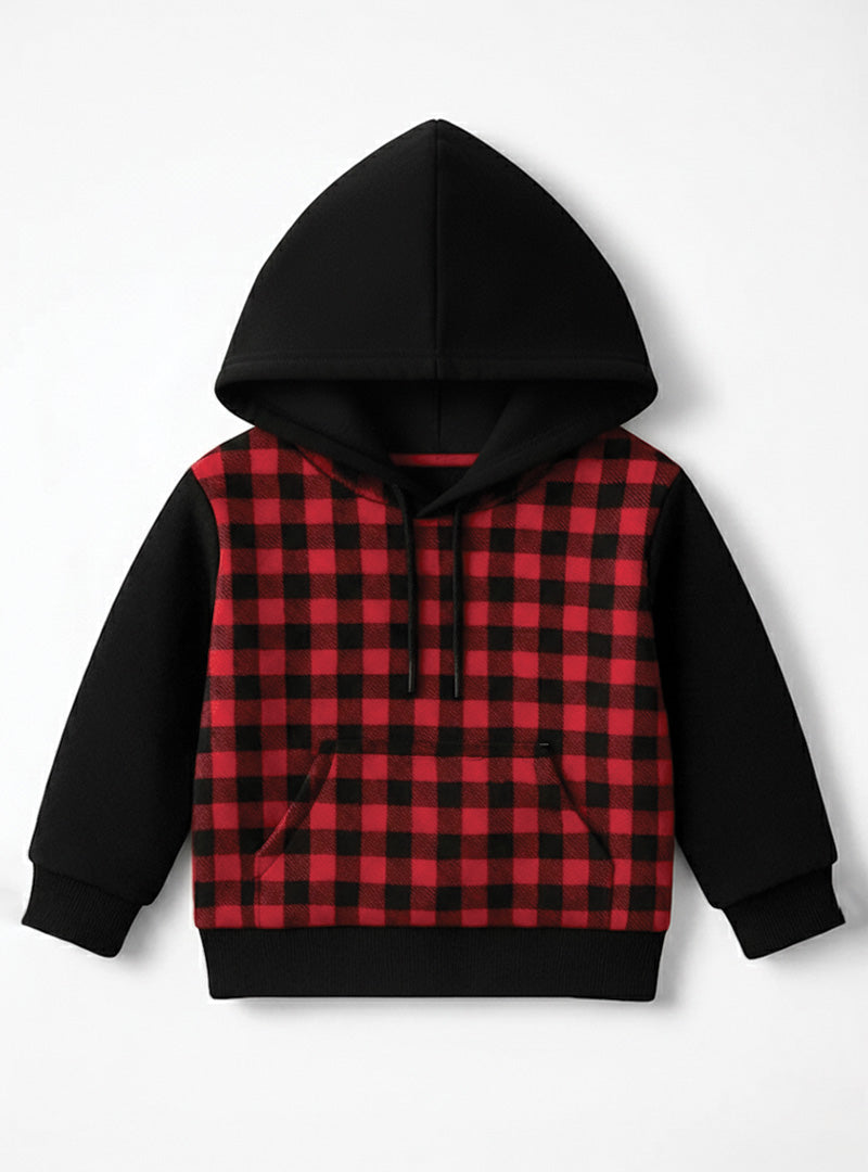 Boys Stylish Red & Black Checkered Fleece Hoodie