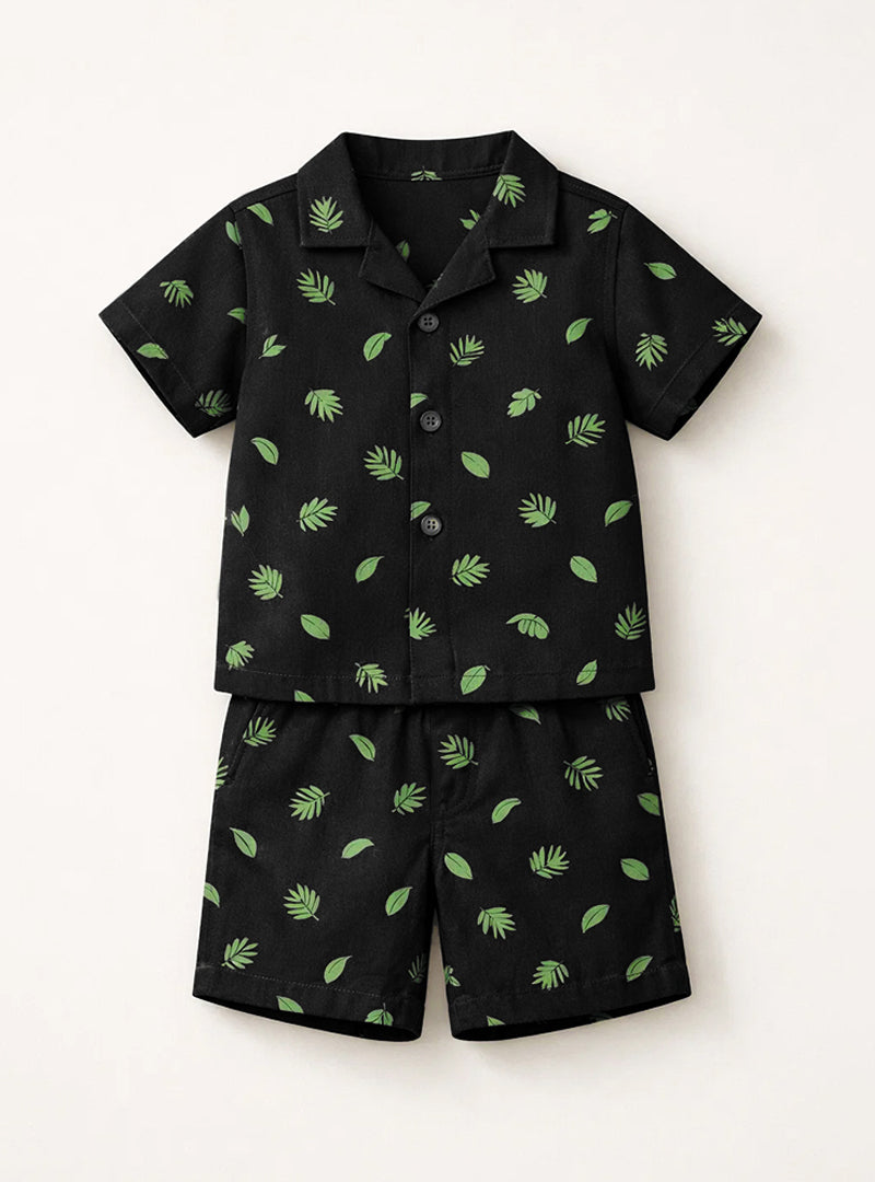 Boys Leaf Print Button Down Shorts Set