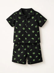 Boys Leaf Print Button Down Shorts Set