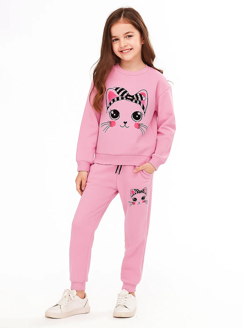 Cute Meow Winter Wear Fleece Tracksuit For Girls