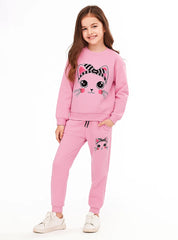 Cute Meow Winter Wear Fleece Tracksuit For Girls