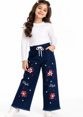 Girls Winter Blossom Style Wide-Leg Jeans