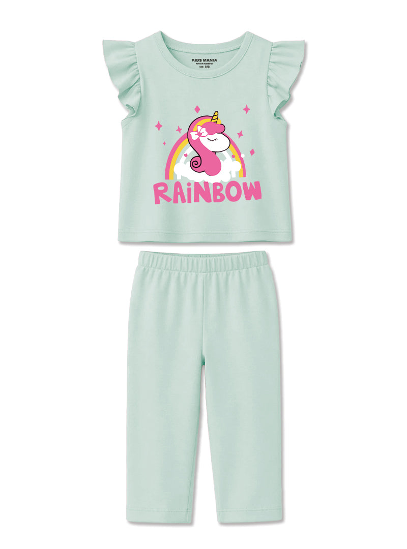 Girls Mint Rainbow Unicorn Frill Sleeve Co ord Set