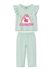 Girls Mint Rainbow Unicorn Frill Sleeve Co ord Set
