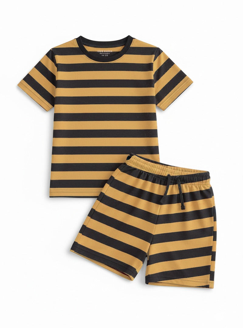 Mustard Yellow Striped Casual Shorts Set