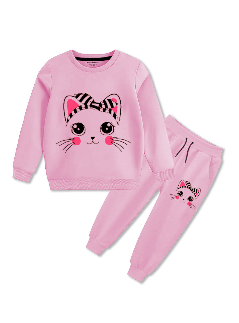 Cute Meow Winter Wear Fleece Tracksuit For Girls