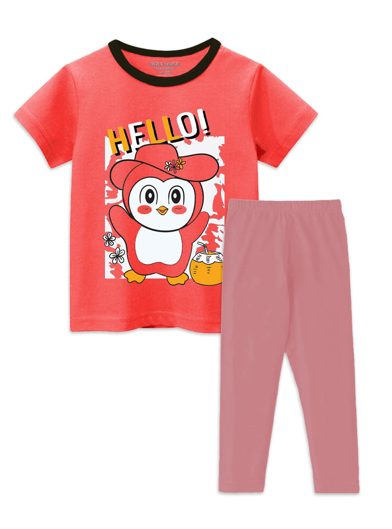 Girls Set Hello Penguin Cartoon