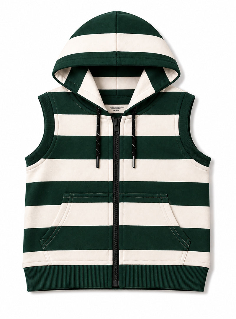 Boys Winter Sleeveless Hoodie Evergreen Stripe