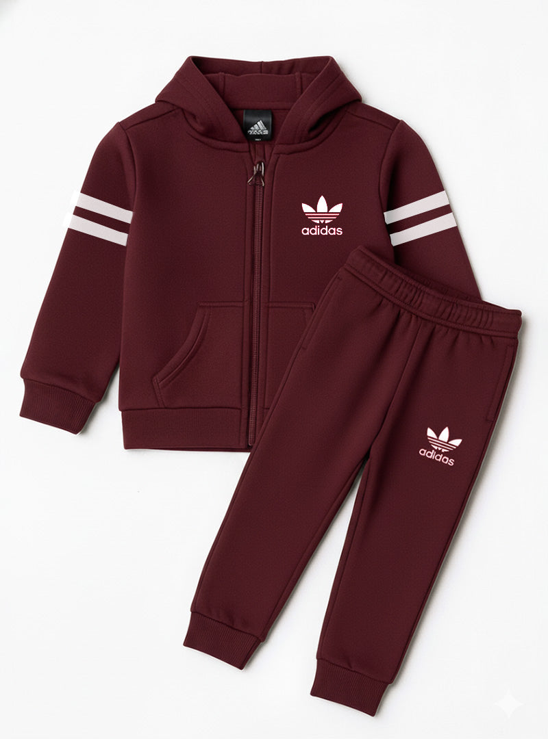 Boys Winter Tracksuit - Maroon Zip-Up Hoodie and Trouser Set with Adidas Style