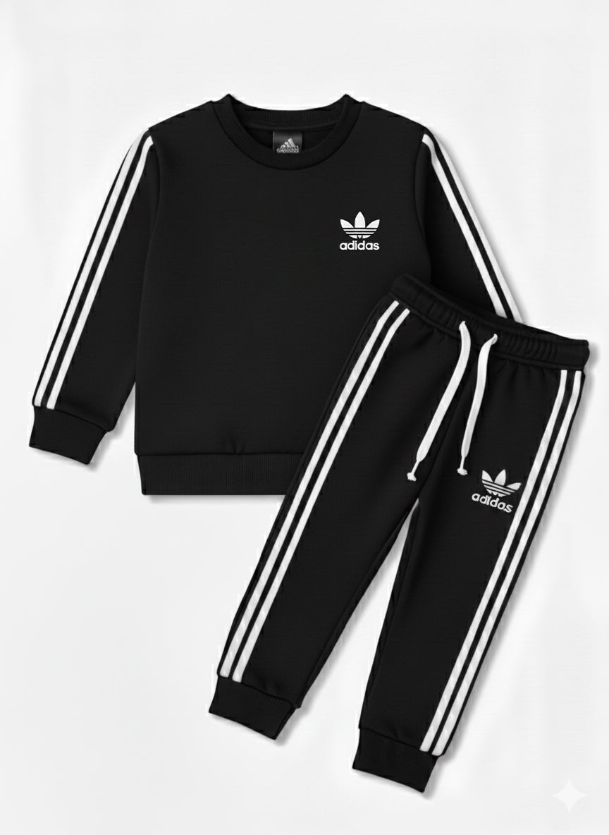 Black Adidas With 3 White stripes Winter Tracksuit For Boys